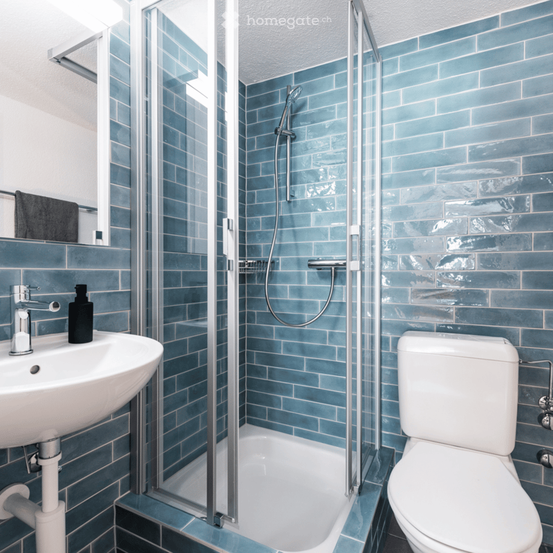 white toilet, white sink, glass shower stall, towel rack