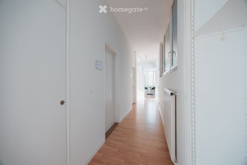 A clean, well-lit hallway with white walls, wooden flooring, and several doors leading to other rooms. Natural light streams in from a window on the right side.
