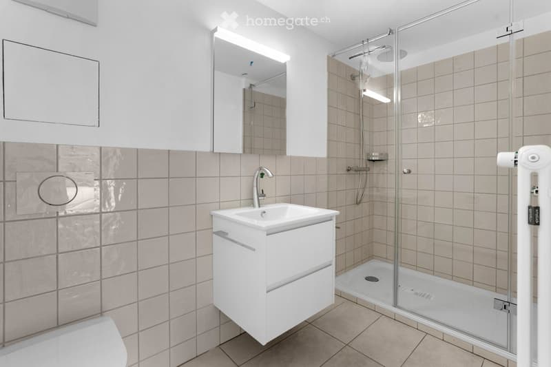 A modern and clean bathroom with a white sink, mirror, and shower area with glass door.