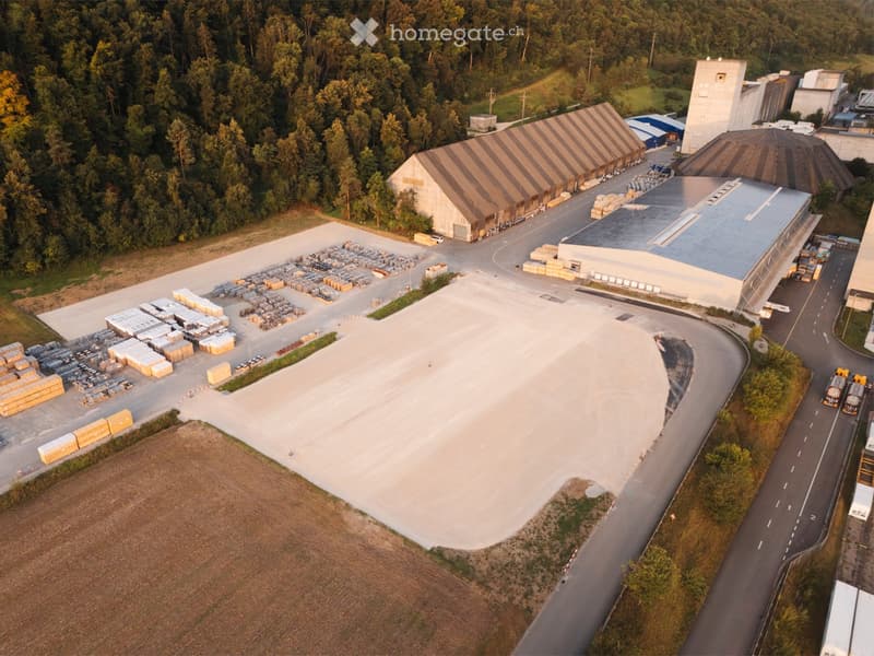 industrial warehouse, open field, large parking area, surrounding forest