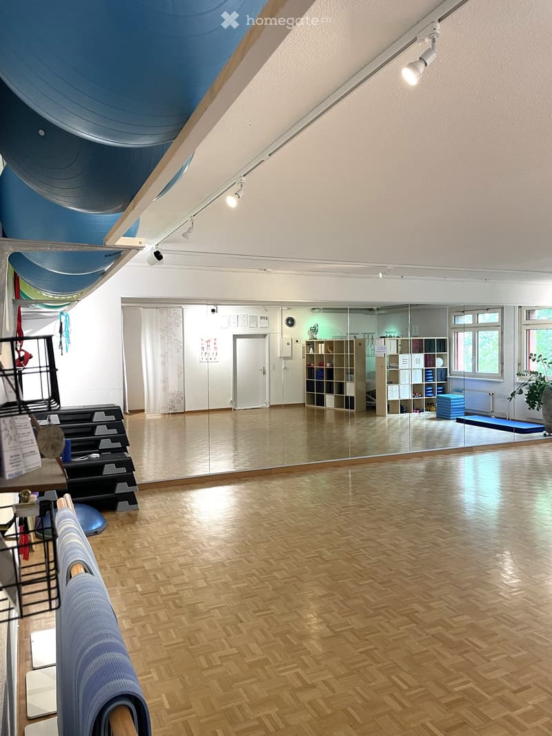 large open space, wooden floor, glass walls, ceiling lights, shelves with various items, white wall, white door, windows