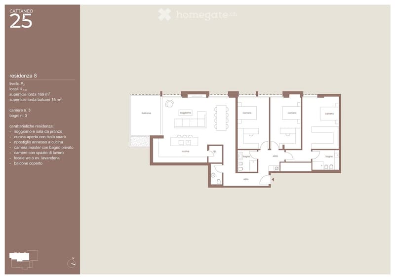 4 bedrooms, kitchen, dining room, 3 bathrooms, living room, balcony, laundry area, terrace