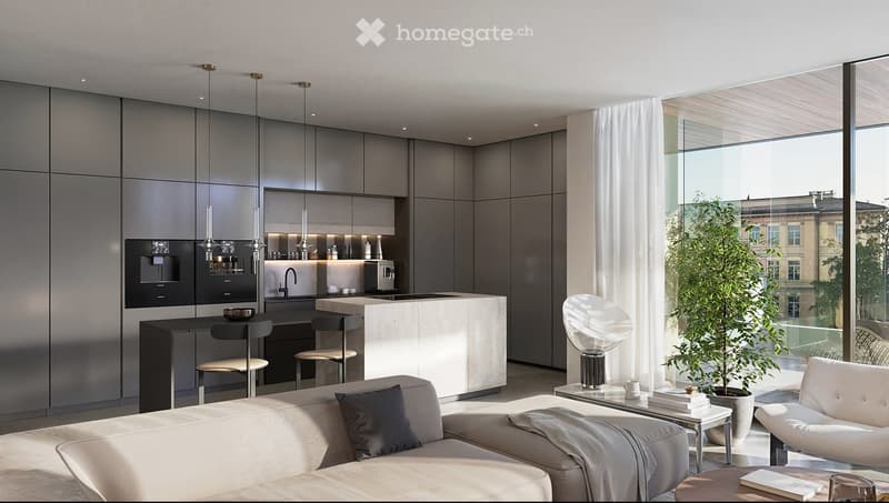 modern kitchen with central island, large windows, gray cabinet, ceiling lamps, coffee machine, gas stove, stools, countertop table