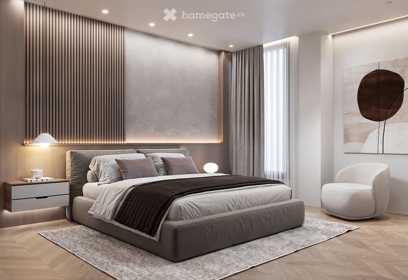 modern bedroom with gray bed, wooden floor, gray carpet, wooden nightstands, white chair, lamps, artwork