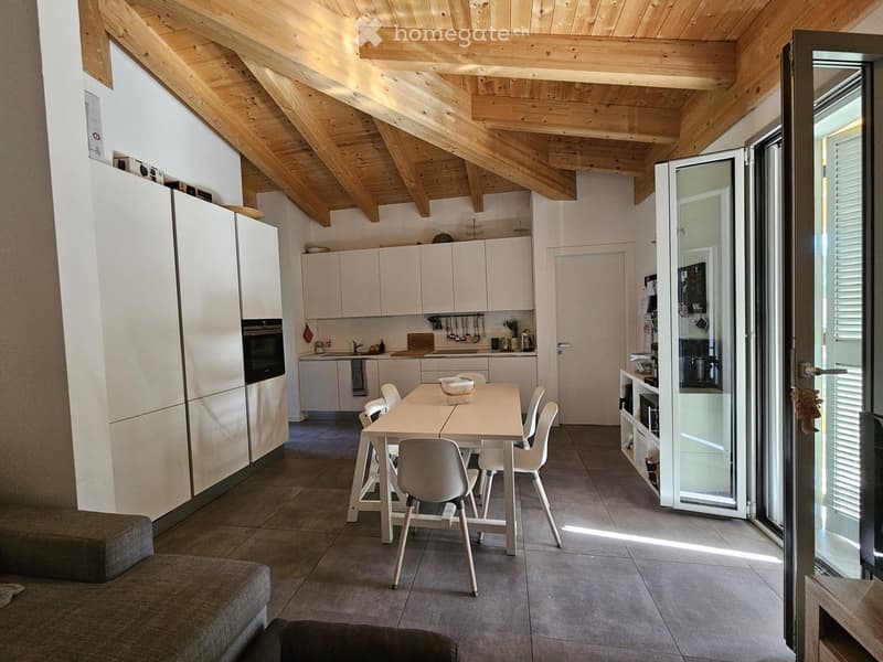 modern interior, dining table with chairs, white wooden dining table, white kitchen cabinets, glass door to another room, wooden ceiling