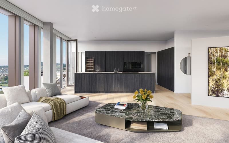 Spacious open-plan living room with large windows offering a scenic view, modern gray sofa, marble coffee table, and a sleek black kitchen area with built-in appliances.