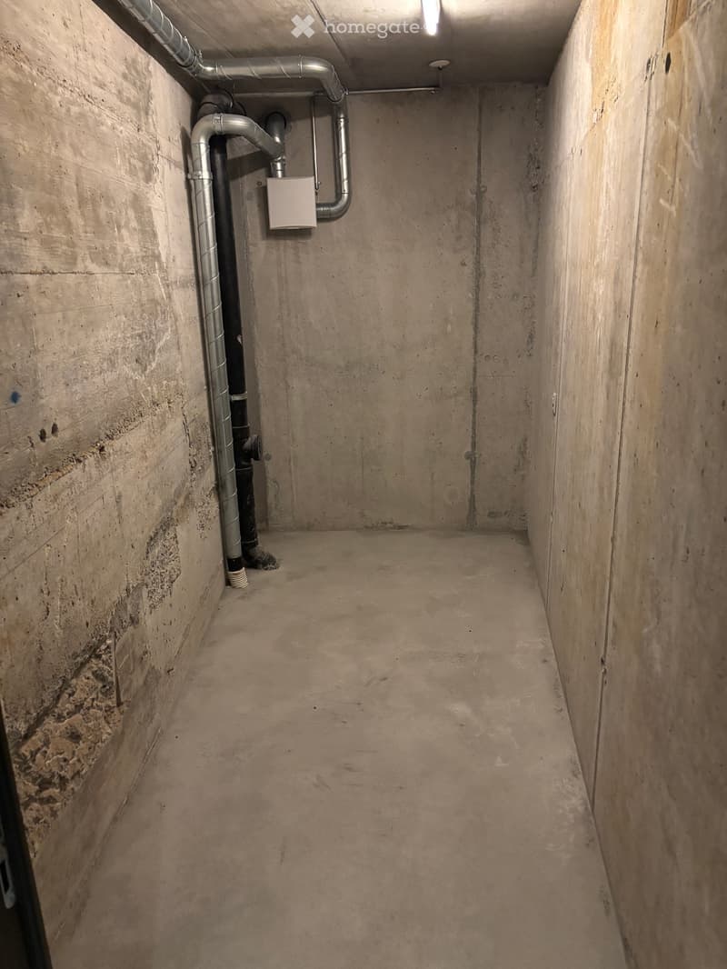 An empty basement storage space with concrete walls, pipes on the ceiling, and a cement floor.
