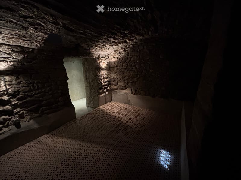 stone walls, concrete floor, illuminated corridor