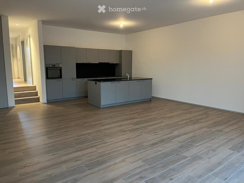 empty kitchen, tiled flooring, modern design, countertop, built-in oven, stove, kitchen cabinets, stainless steel faucet