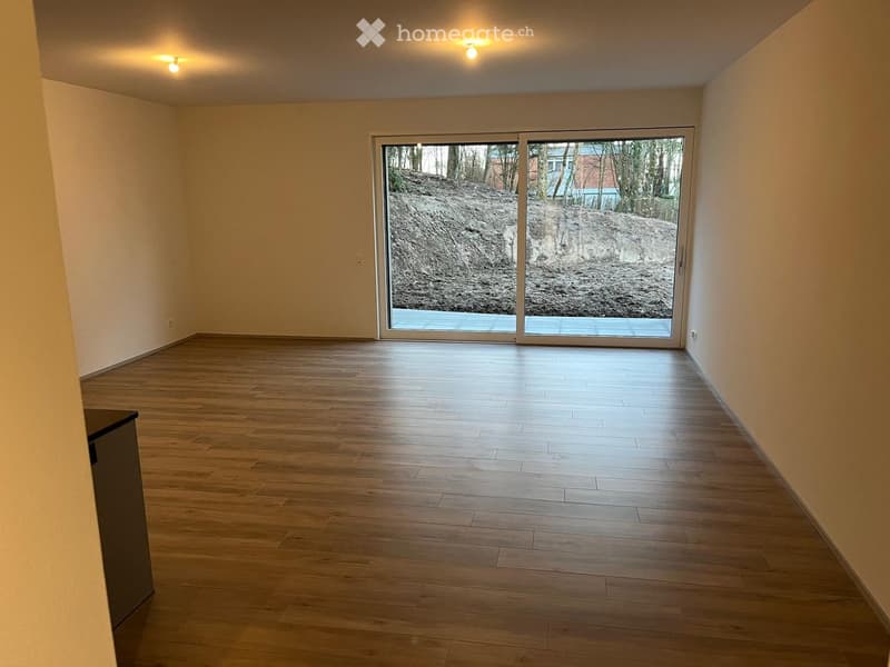 Empty room with white walls, wooden floor, large sliding door, balcony