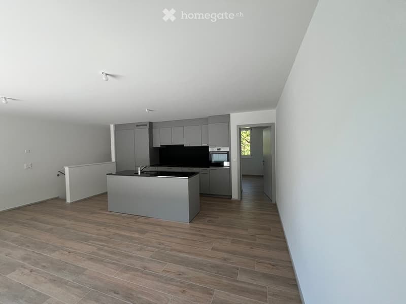 Modern kitchen with grey cabinets, a central island, and a dark countertop. The floor is made of light wood planks.