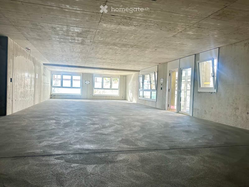 Empty corridor with concrete walls, glass windows, open doors