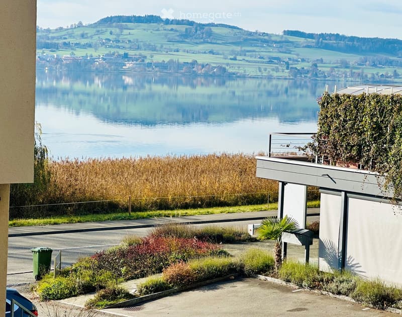 A wide lake with mountains in the background, a road with greenery on both sides, and a building with a balcony overlooking the lake.