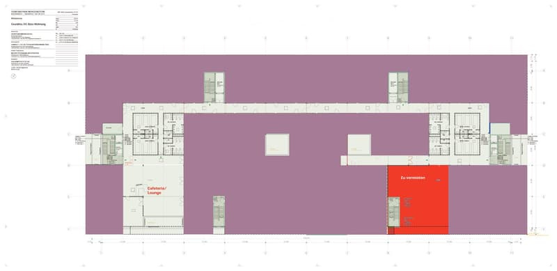 The image shows a floor plan for a building with labeled areas such as the cafeteria, lounge, and parking spaces.