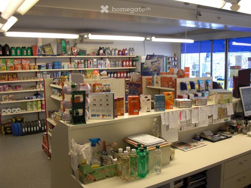 interior of a store with multiple shelves and products on display, a long counter at the bottom, various cleaning products and household items on the shelves, fluorescent lighting on the ceiling, a computer monitor in the distance