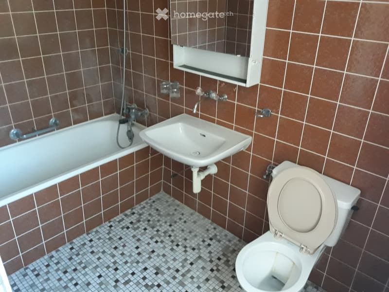 Bathroom with white bathtub, sink, toilet, and brown tiled walls