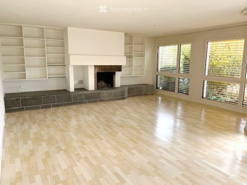 living room, fireplace, wooden floor, shelves, large windows