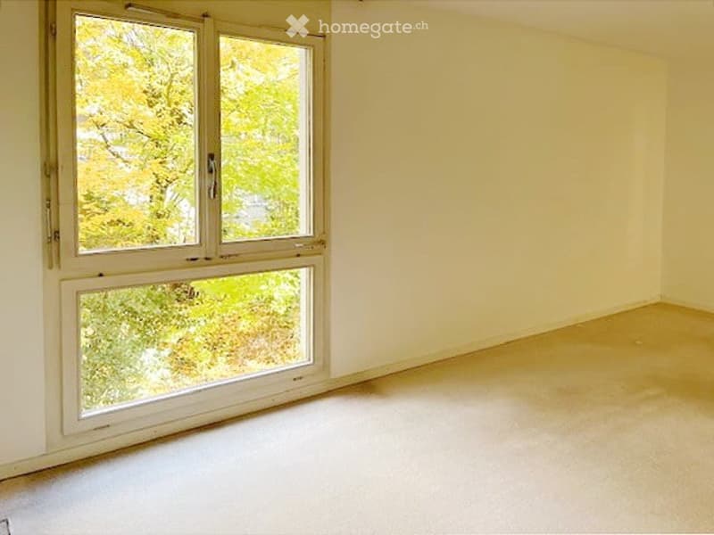 empty room, two windows, beige carpet, white walls, tree view