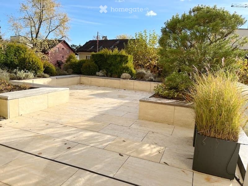 Outdoor area with stone flooring, small walls, plants, shrubs, and trees in the background