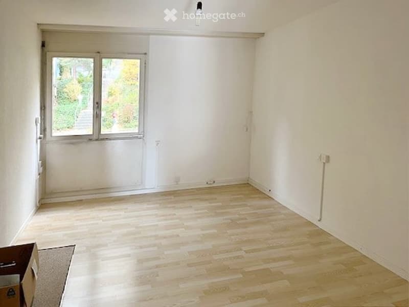 Empty room with wooden floor, white walls, large window, white ceiling, power outlets, light fixture