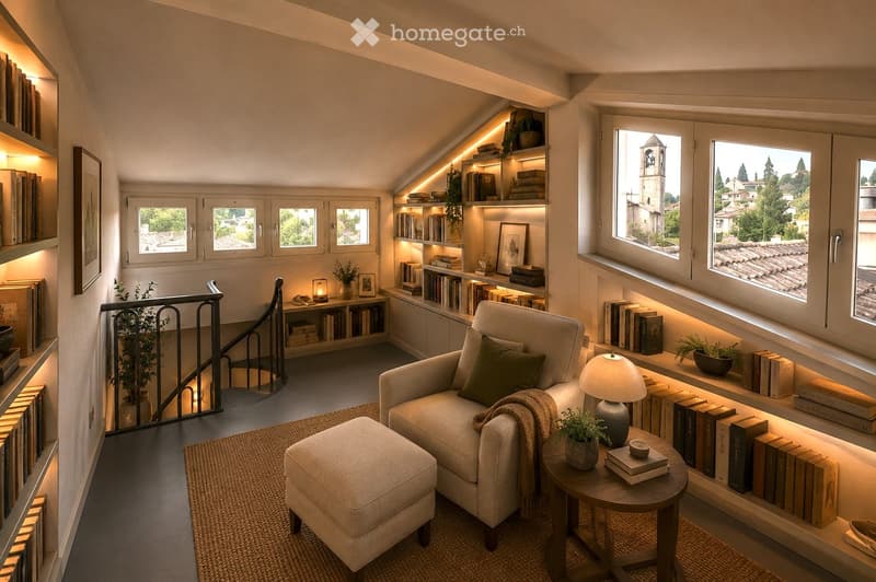 Cozy attic reading nook with a sofa, ottoman, small table, lamp, built-in bookshelves, and potted plants. Large windows offer a scenic view.