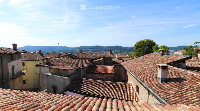 Red tiled rooftops, multiple chimneys, buildings connected, hilly backdrop, clear sky