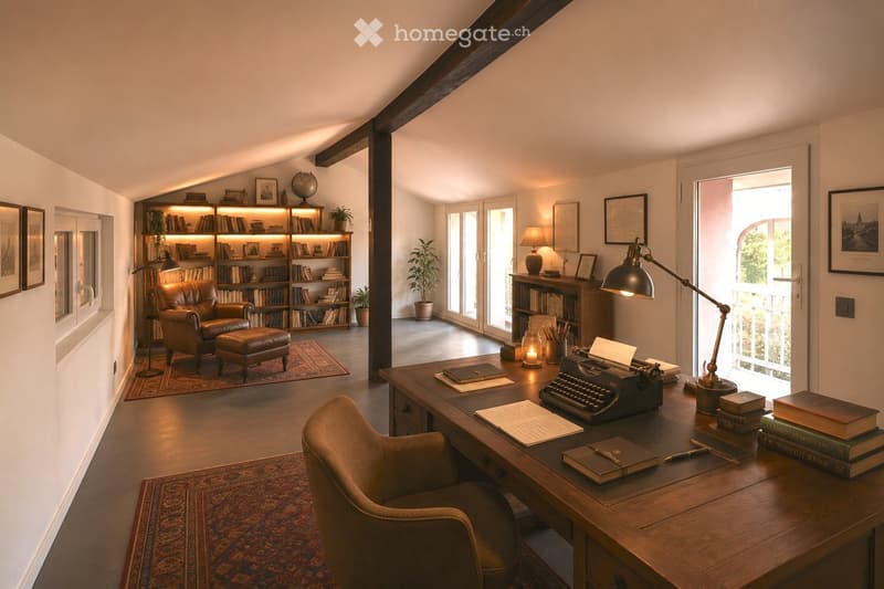 A well-furnished study or office space with a large wooden desk, leather chair, bookshelf, globe, and typewriter. The room features warm lighting, books, and decorative items.
