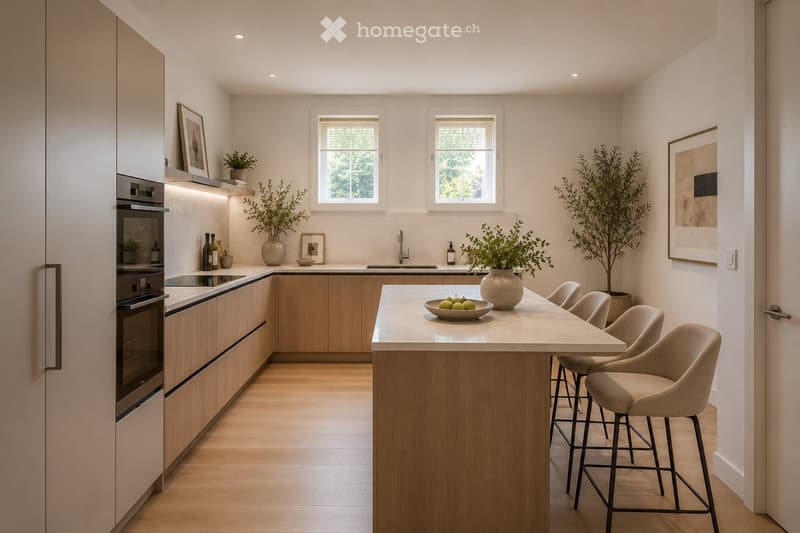 Modern kitchen with light wood cabinets, a central island with a marble countertop, and four bar stools. Features a built-in stove, sink, and decorative vases with plants on the island and shelves.