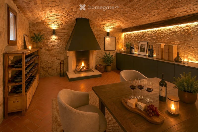 Cozy living room with stone walls, a central fireplace, a wine rack, a wooden table with wine glasses and cheese, and comfortable seating.