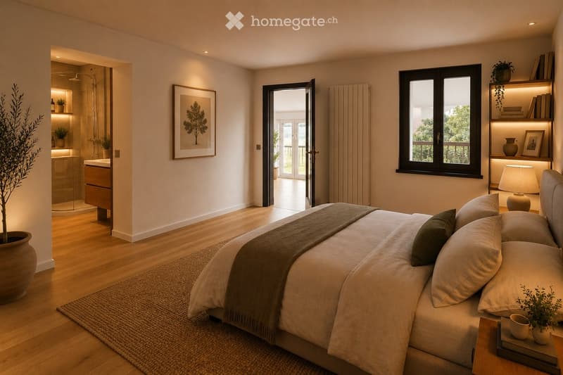 Modern bedroom with a large bed, nightstand, lamp, picture frame, potted plants, and an open bathroom area with a shower and cabinet.