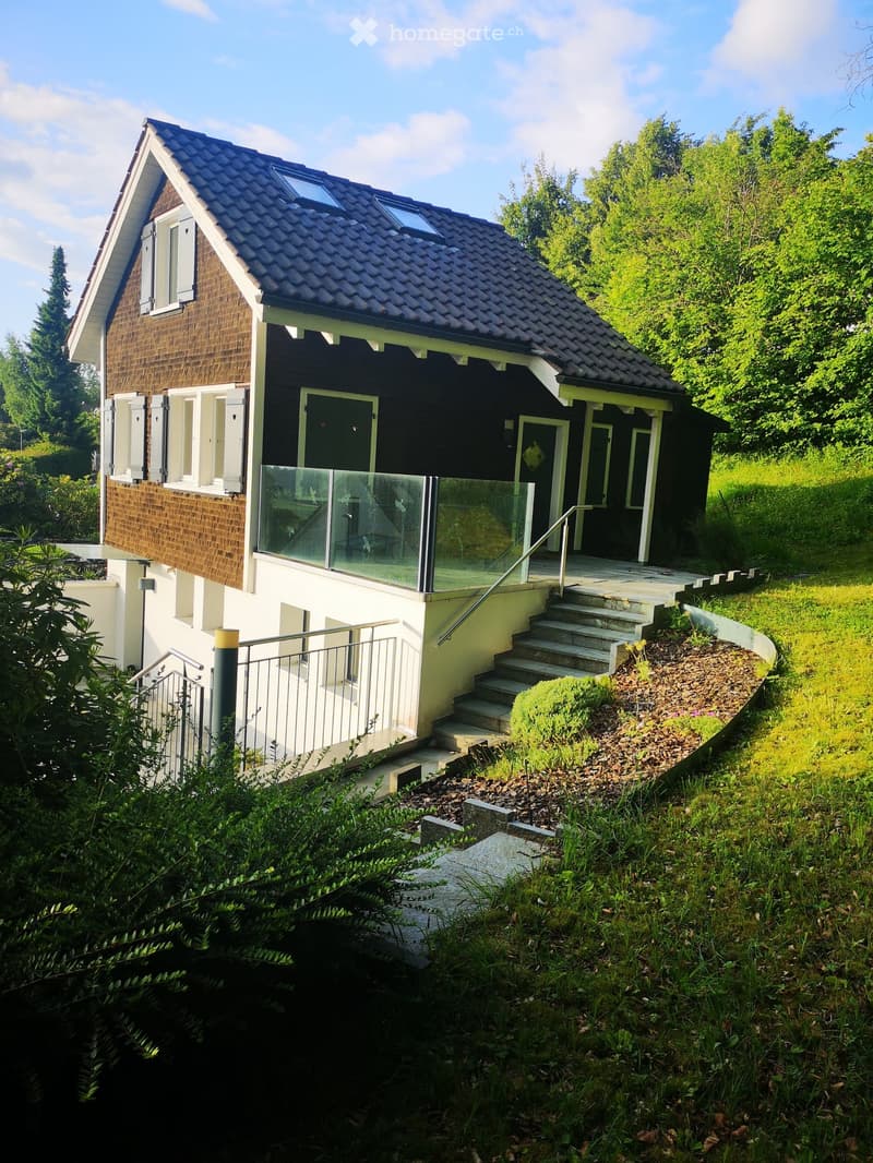 Modern house with brick facade, glass windows, tiled roof, glass porch, and stairs leading to entrance.