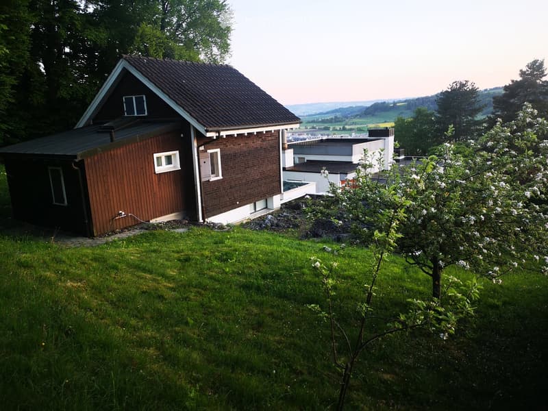 Small wooden house, raised ground floor, several windows, garden, apple tree, distant mountains