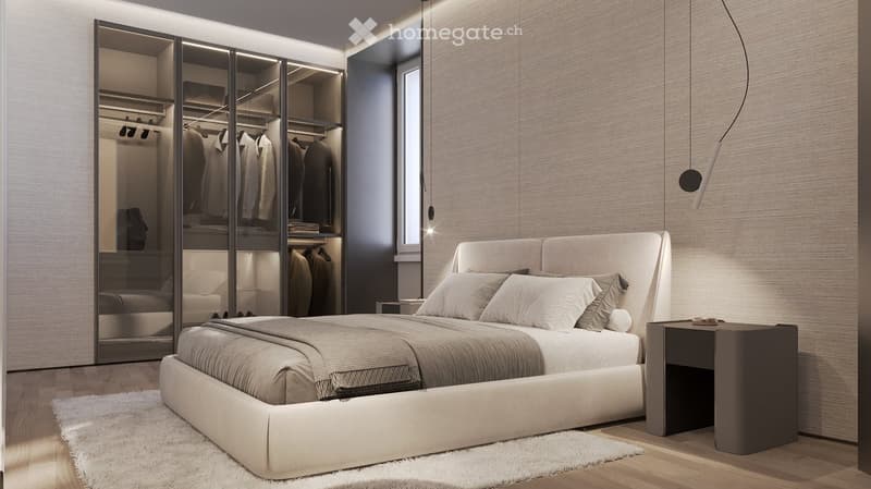 Bed, white rug, glass-doored closet, wall art