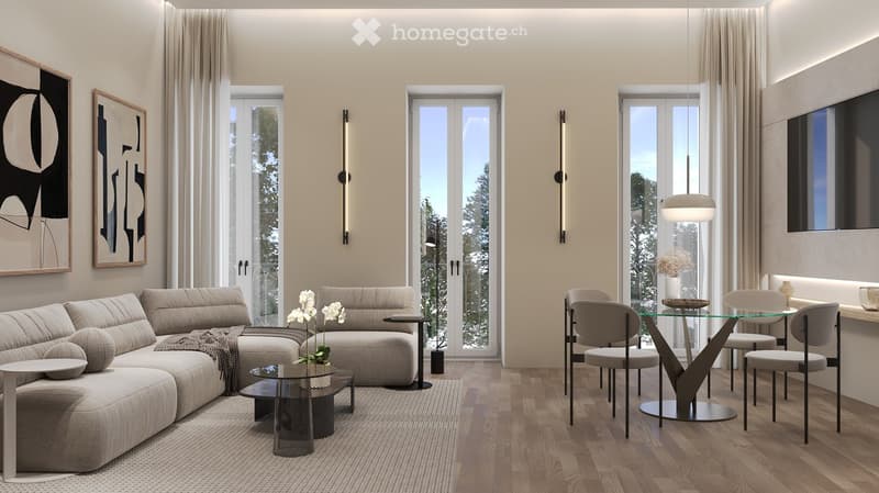 Modern living room with large windows and glass doors to a balcony, wooden floors, contemporary furniture including a couch, tables, dining table, and chairs, lamps and a TV.