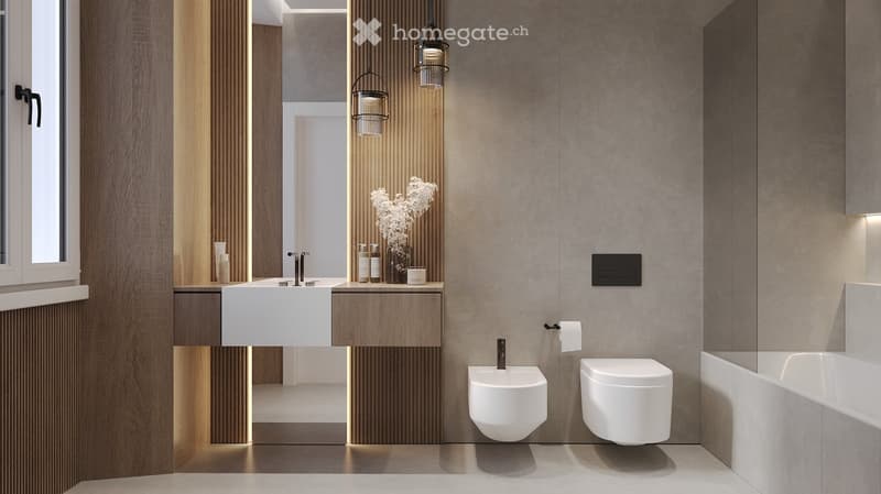 Bathroom with contemporary design featuring white ceramic toilet, white ceramic sink with two faucets, wooden cabinet, decorative flower vase, wall-mounted lamps, toilet paper holder, bathtub.