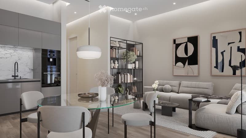 modern kitchen, dining area with glass table, living room with sofa and coffee table