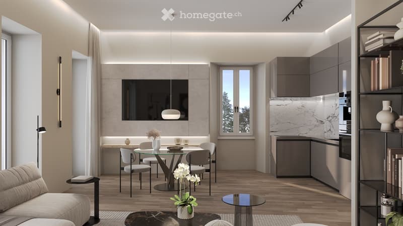 Contemporary design, modern furniture, wooden floors, open kitchen, dining area with round glass table, comfortable seating, marble kitchen countertop, LED lighting, large windows, kitchen island