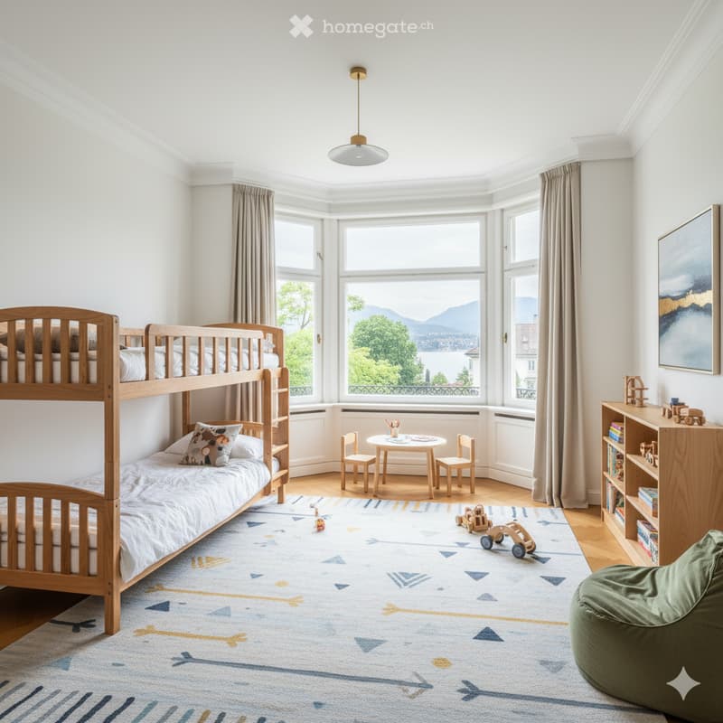 Double bunk bed, rug, bookcase, small table, kids chairs, toys, large window, painting