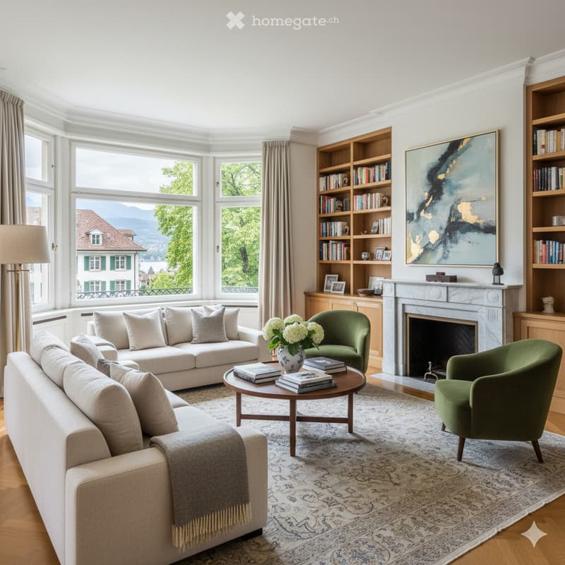 white sofa, coffee table with flower vase, two armchairs, fireplace, bookshelves, view