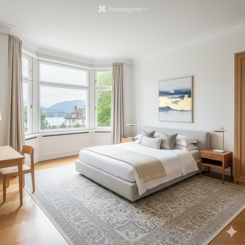 bedroom with large windows, wooden furniture, artwork, large rug, view of lake and mountains