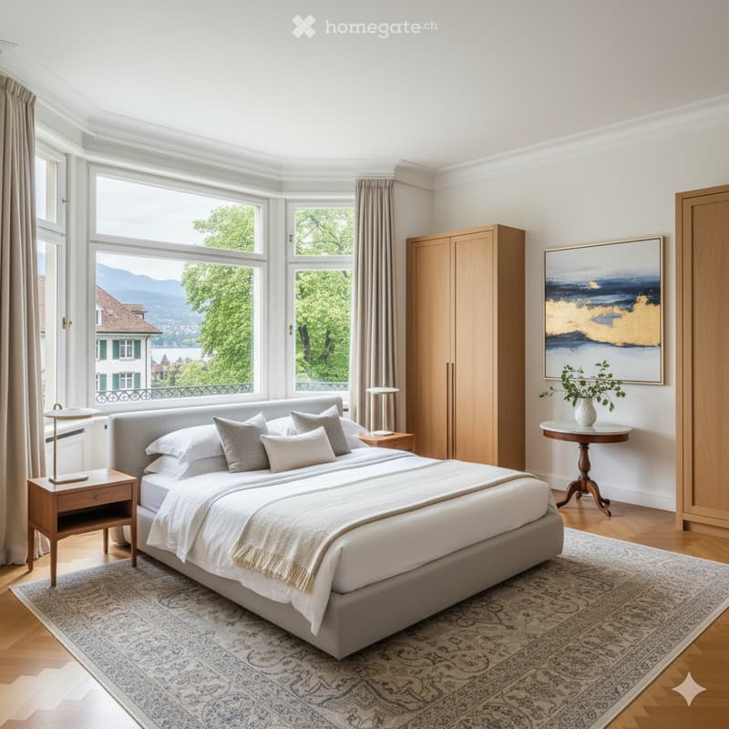 Kingsize bed, carpet, nightstands, wooden wardrobes, paintings, lamp, scenic view, window