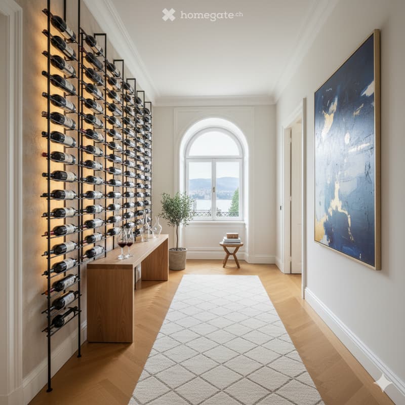 Large hallway, wine rack, table with wine glasses, window with lake view, floor, plant