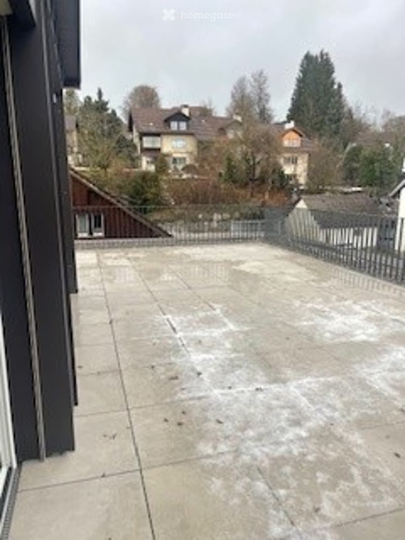 tiled floor, empty terrace, railings, snow on the floor