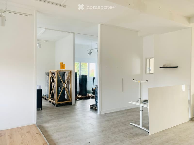large room, white walls, wooden flooring, glass windows, empty shelves