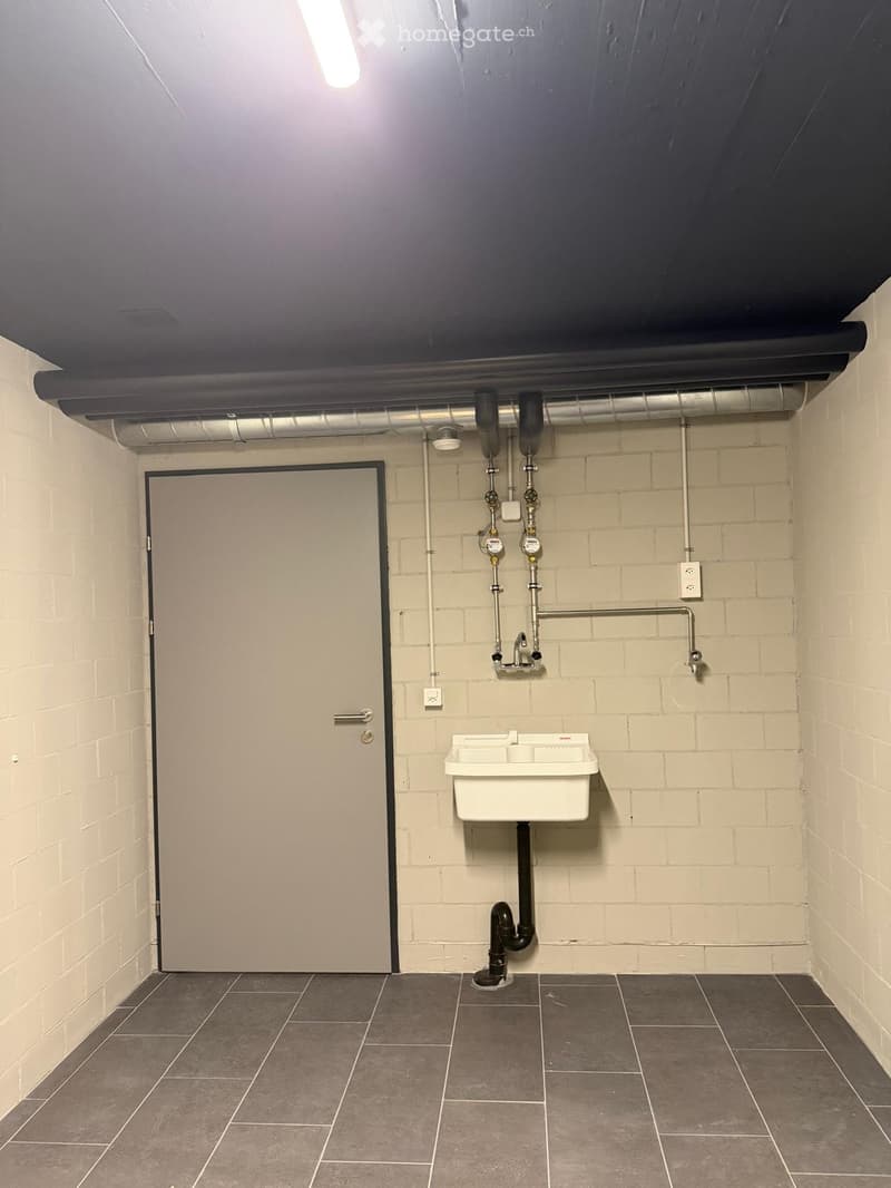 Utility bathroom with a white sink, faucet, and exposed pipes on the wall. The room has brick walls and a tiled floor.