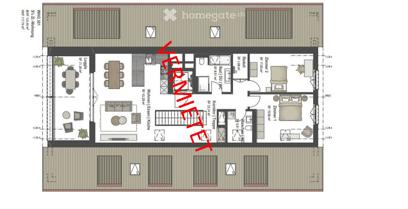 living room, kitchen, 2 bedrooms, 2 bathrooms, balcony, terrace