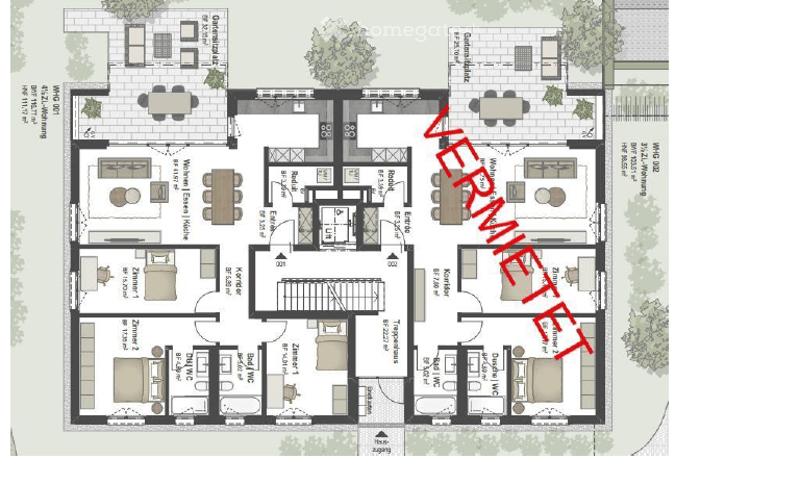 living room, bedrooms, bathrooms, balconies, kitchen, dining area, stairs