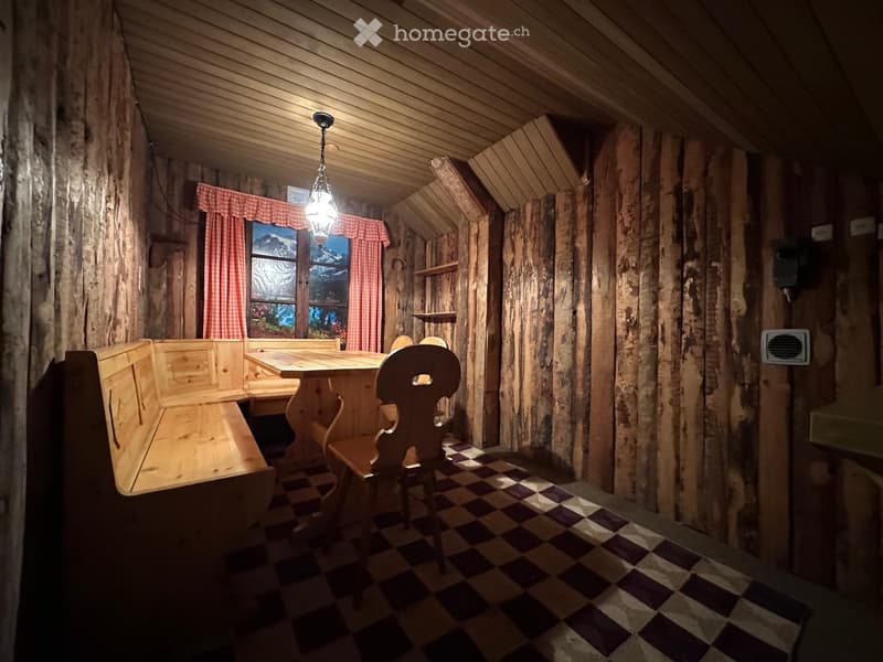 a wooden dining table, wooden benches, wooden wall, checkered floor, pendant light, view through the window