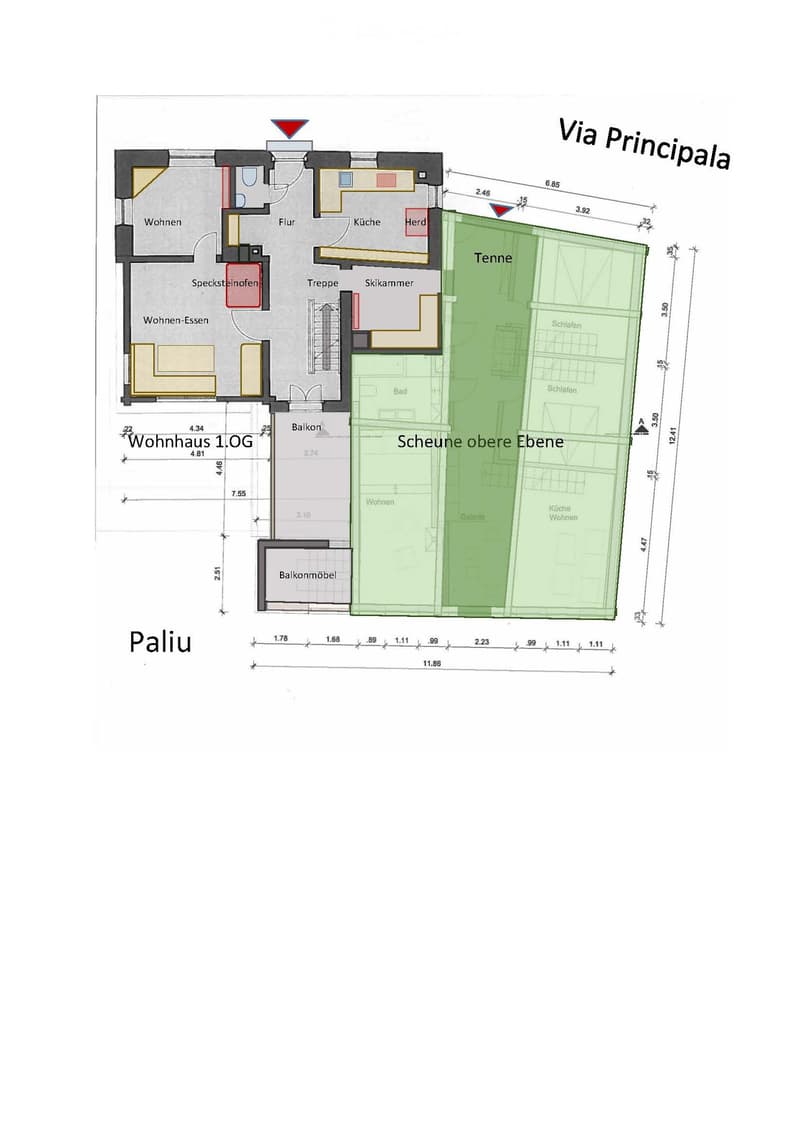 Ground floor: Living room, kitchen, dining room, bedroom, storage, balcony, bathroom