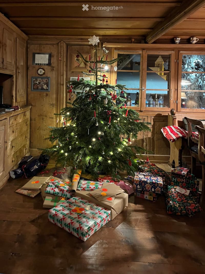 Decorated Christmas tree, wrapped presents on the floor, wooden floor, wooden cabinets, picture frames on the wall, windows with views of the outside.